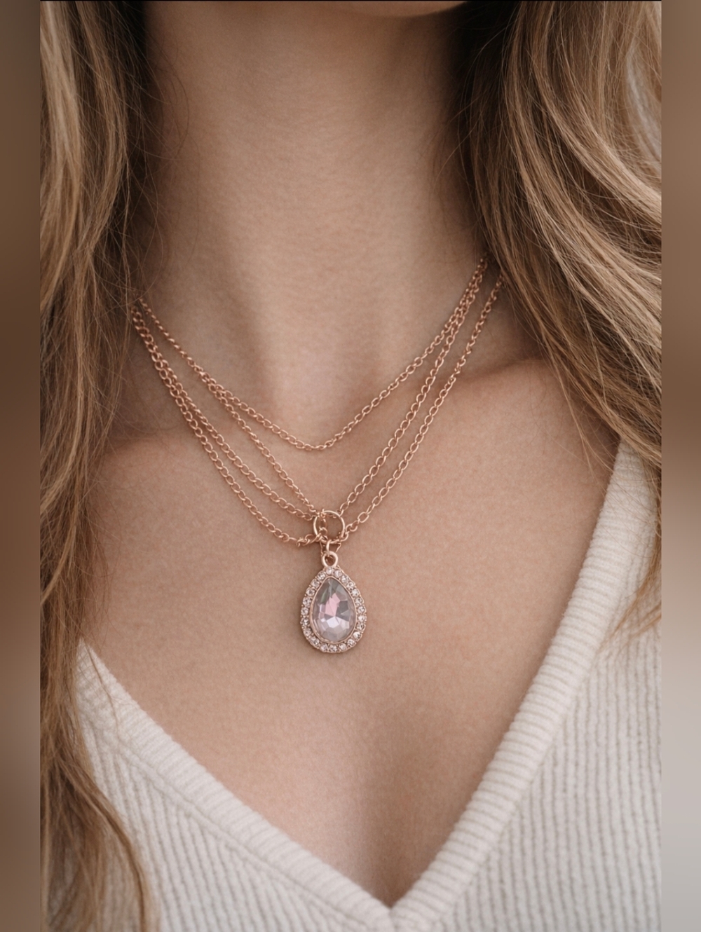 Rose Gold Layered Teardrop Crystal Pendant Necklace Rhinestone Halo